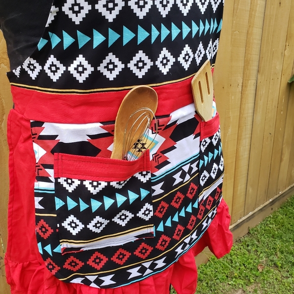 Red Aztec Print Kitchen Handmade Apron with Ruffles - Picture 6 of 6